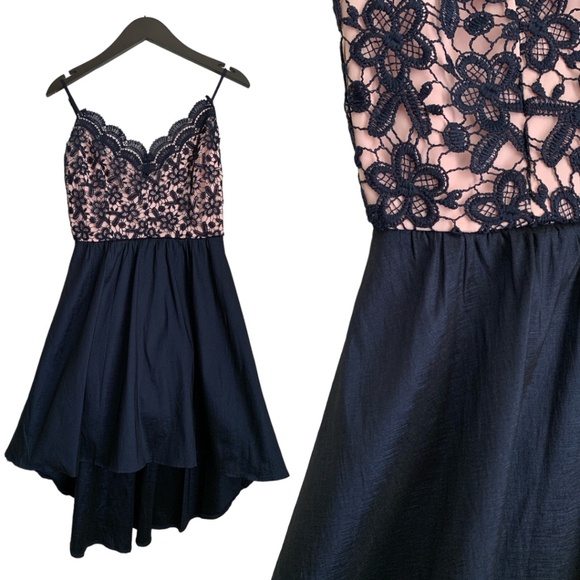🌞 B. Darlin Formal Dress in Navy and Pink with Lace in High Low - Picture 1 of 6